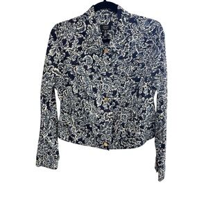 Jones New York Navy and White Floral Jean Jacket